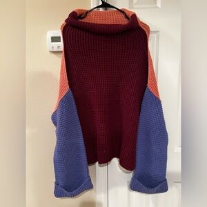 Free People Colorblock Cowl Turtleneck Sweater in Burgundy, Coral & Periwinkle